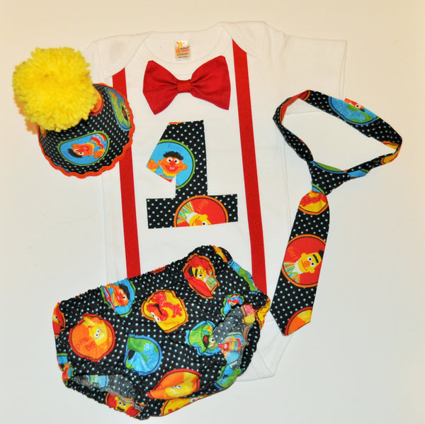 Sesame Street cake smash outfit with party hat, Sesame Street cake smash boys birthday,boys  birthday outfit, elmo cookie monster big bird