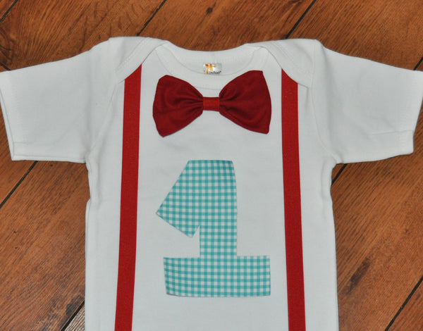 cake smash shirt, birthday shirt, blue gingham birthday bodysuit, picnic theme birthday shirt, 1st Birthday, cake smash, teal and red outfit