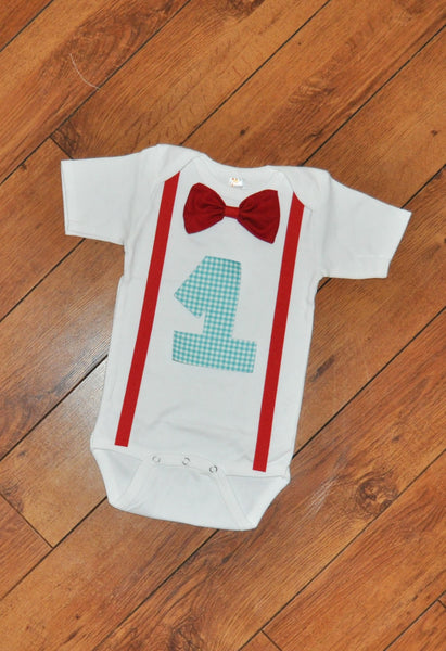 cake smash shirt, birthday shirt, blue gingham birthday bodysuit, picnic theme birthday shirt, 1st Birthday, cake smash, teal and red outfit