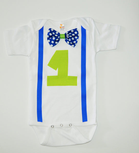 Boy Birthday bodysuit, Lime Green and blue birthday shirt, polka dot cake smash,  first Birthday outfit, 1st, 2nd, 3rd, 4th, 5th, bowtie