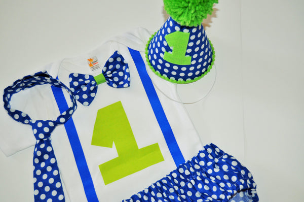 Boy blue and white polka dot smash outfit with party hat, royal blue and lime green birthday outfit, 1st 2nd 3rd birthday, cake smash outfit