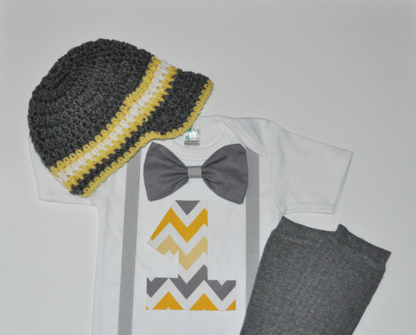 Baby Boy/Toddler chevron cake smash outfit, gray and yellow newspaper boy hat, yellow and gray birthday shirt, smash cake outfit, legwarmers