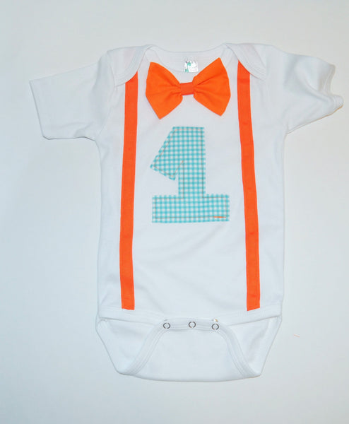 Baby boy Birthday Shirt, orange and teal Birthday bodysuit, first birthday cake smash, second birthday, photo prop, birthday shirt, plaid