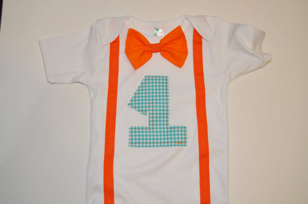 Baby boy Birthday Shirt, orange and teal Birthday bodysuit, first birthday cake smash, second birthday, photo prop, birthday shirt, plaid