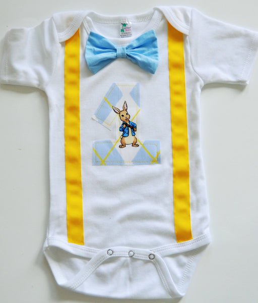 peter rabbit birthday bodysuit with bowtie and suspenders,  beatrix potter Outfit, Benjamin bunny Cake smash 1st 2nd 3rd bday