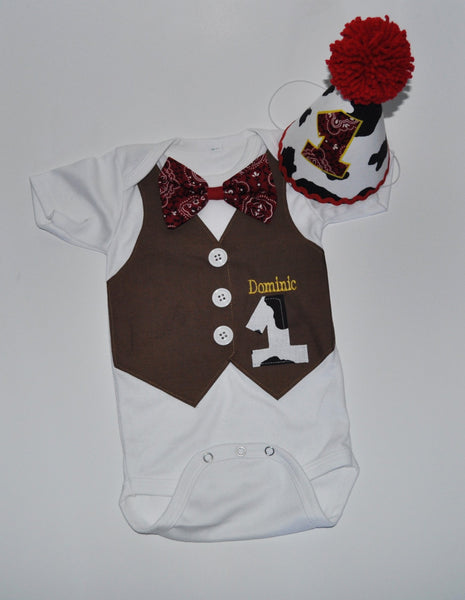 baby boy cowboy vest and hat. cowboy cake smash, cowboy smash cake, personalized cowboy vest and hat, boy cake smash set