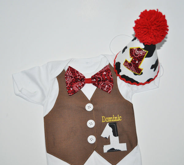 baby boy cowboy vest and hat. cowboy cake smash, cowboy smash cake, personalized cowboy vest and hat, boy cake smash set