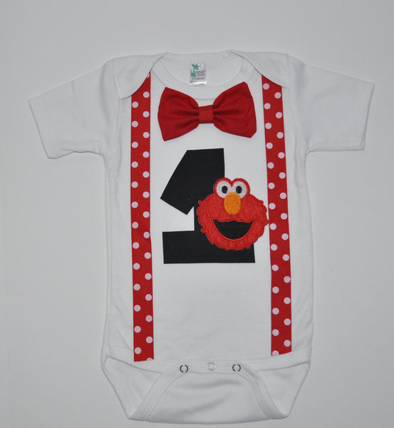 elmo Birthday bodysuit, elmo birthday shirt, elmo cake smash, Birthday outfit, boy birthday shirt, elmo smash cake. bowtie and suspenders