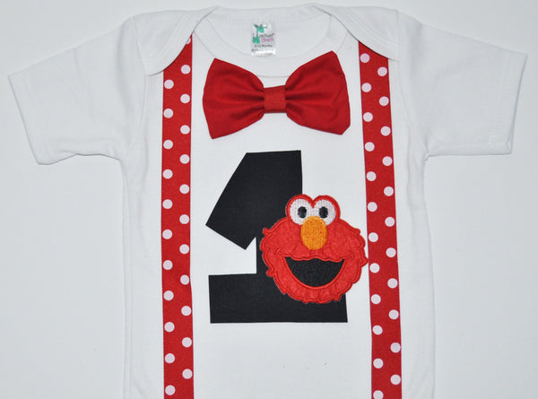 elmo Birthday bodysuit, elmo birthday shirt, elmo cake smash, Birthday outfit, boy birthday shirt, elmo smash cake. bowtie and suspenders