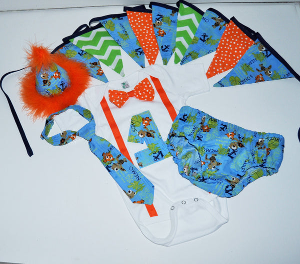 Nemo cake smash outfit with party hat, Squirt cake smash, boys birthday, nemo birthday outfit, boys nemo birthday set, finding nemo