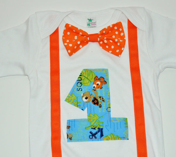 Finding Nemo shirt,  Nemo cake smash, squirt birthday shirt, squirt cake smash, nemo bodysuit, nemo bowtie,  First Birthday, cake smash