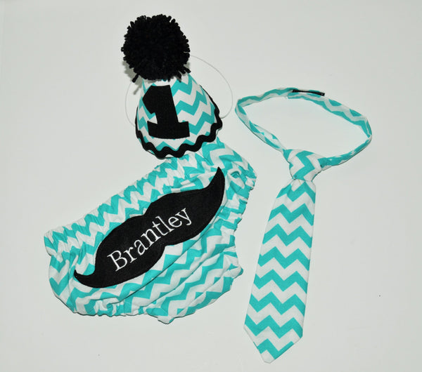 chevron Mustache cake smash outfit with party hat, teal and black cake smash, First Birthday Outfit, 1st 2nd 3rd  birthday,