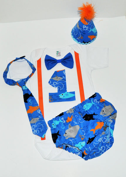 shark Cake smash outfit, Boy Birthday Outfit, nautical cake smash, cake smash,1st 2nd 3rd  birthday, Orange and blue,under the sea