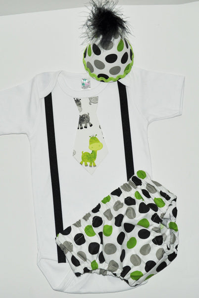 giraffe Cake smash outfit, Boy Birthday Outfit, polka dot cake smash, zoo cake smash, 1st 2nd 3rd  birthday, lime green and black polka dot