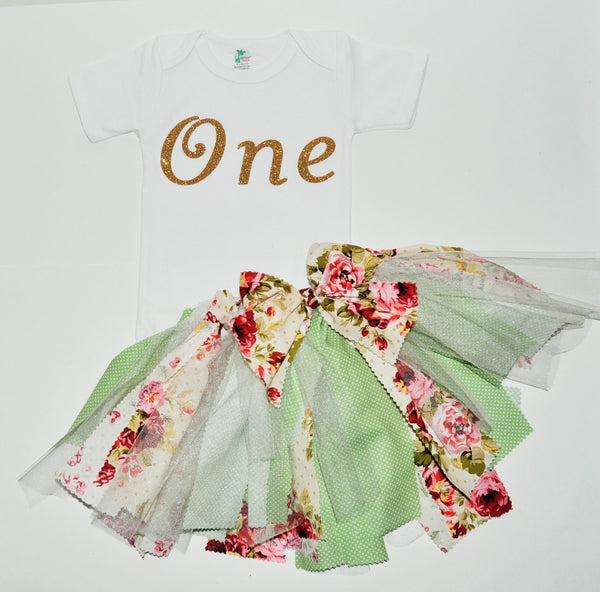 girl first birthdy outfit, glitter one cake smash rag tutu,glitter birthday shirt,,vintage cake smash,shabby chic cake smash