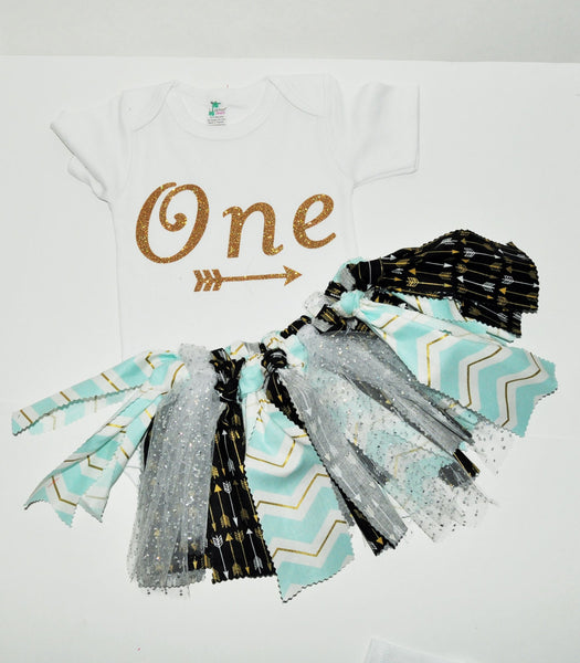 Vintage chic cake smash, glitter one cake smash, gold arrow rag tutu, glitter birthday shirt, aqua, gold, black, vintage rag tutu cake smash