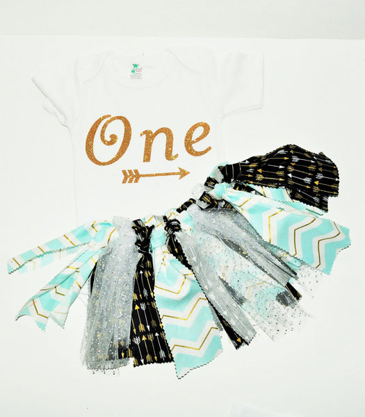 Vintage chic cake smash, glitter one cake smash, gold arrow rag tutu, glitter birthday shirt, aqua, gold, black, vintage rag tutu cake smash