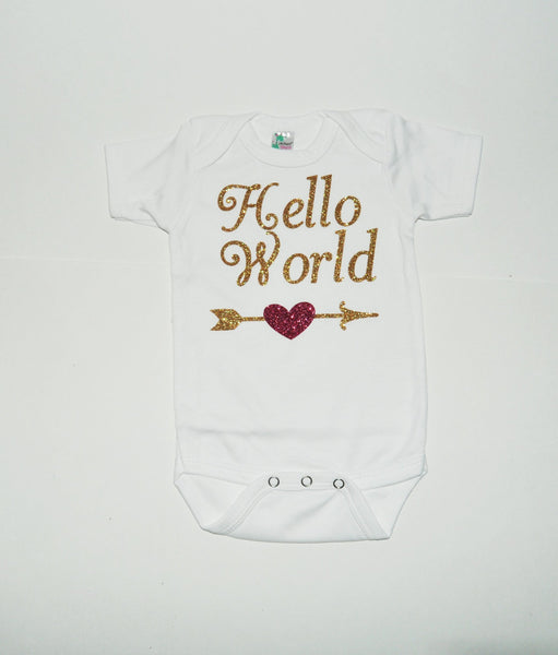 Hello world bodysuit, glitter bodysuit, baby shower gift, girl hello world shirt, sparkle baby shirt, take home outfit, baby girls shirt