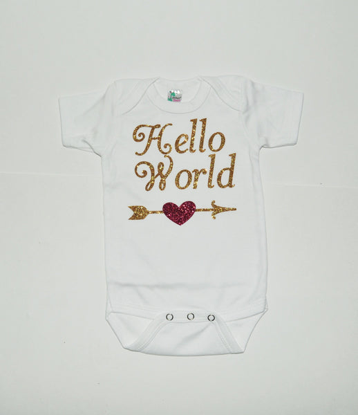 Hello world bodysuit, glitter bodysuit, baby shower gift, girl hello world shirt, sparkle baby shirt, take home outfit, baby girls shirt