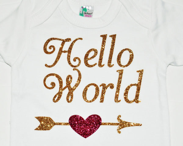 Hello world bodysuit, glitter bodysuit, baby shower gift, girl hello world shirt, sparkle baby shirt, take home outfit, baby girls shirt