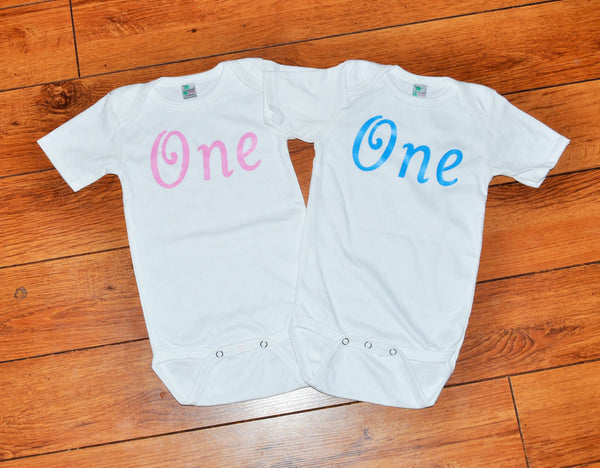 twins one shirt, pink and blue one bodysuit, birthday shirt, 1st 2nd 3rd birthday outfit, twin cake smash shirts, one birthday shirt