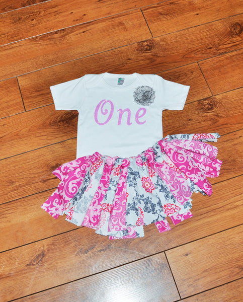 girl first birthdy outfit, glitter one cake smash, pink and gray rag tutu, glitter birthday shirt, vintage cake smash, floral rag tutu