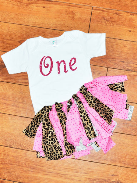 leopard birthday outfit, glitter one cake smash, cheetah and hot pink rag tutu, glitter birthday shirt,vintage cake smash