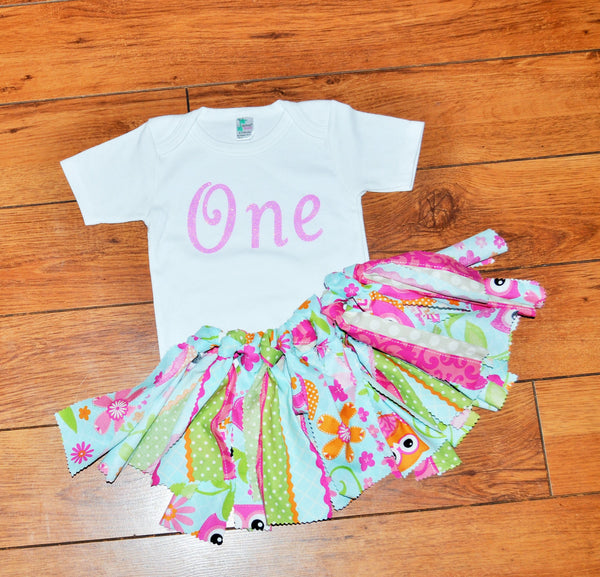 owl first birthdy outfit, glitter one cake smash, owl rag tutu,glitter birthday shirt,vintage cake smash, pink, blue, orange, owl cake smash