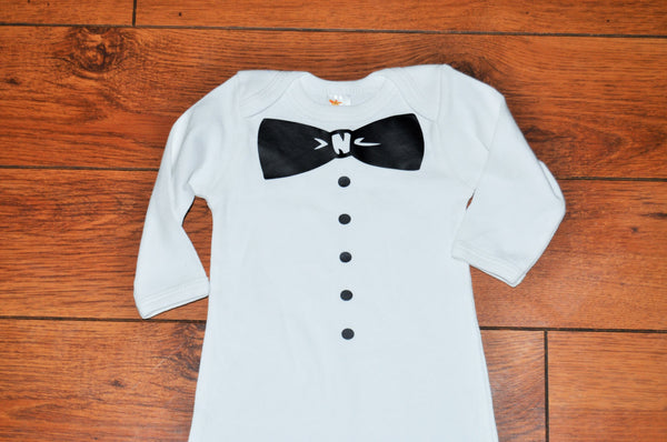 bowtie gown, little man gown, tuxedo bring home baby outfit, boy gown, baby shower gift, bringing home baby oufit,  baby set