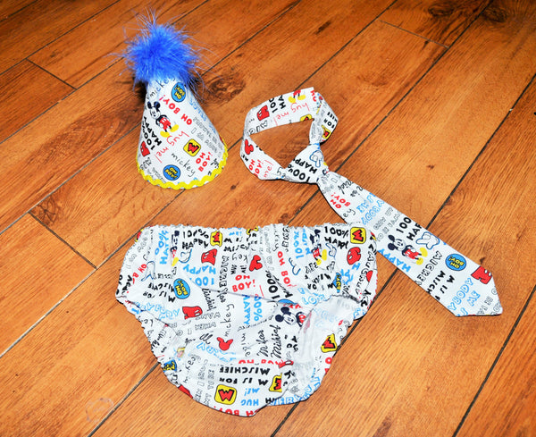 mickey cake smash, mickey birthday outfit, boy cake smash, mickey tie, mickey party hat, mickey diaper cover