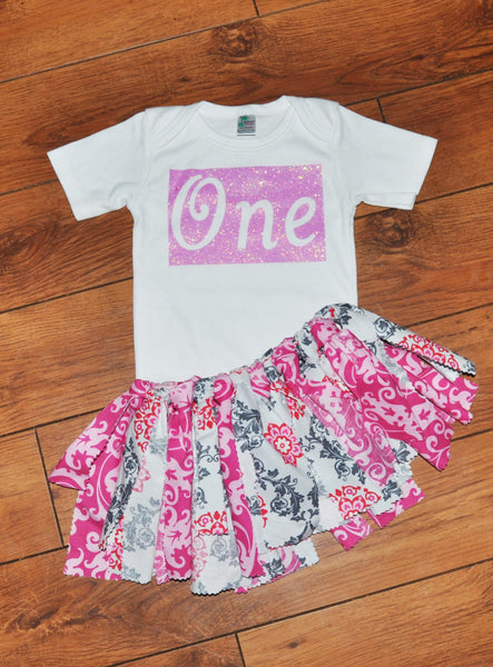 girl first birthdy outfit, glitter one cake smash, pink and gray rag tutu, glitter birthday shirt, vintage cake smash, floral rag tutu