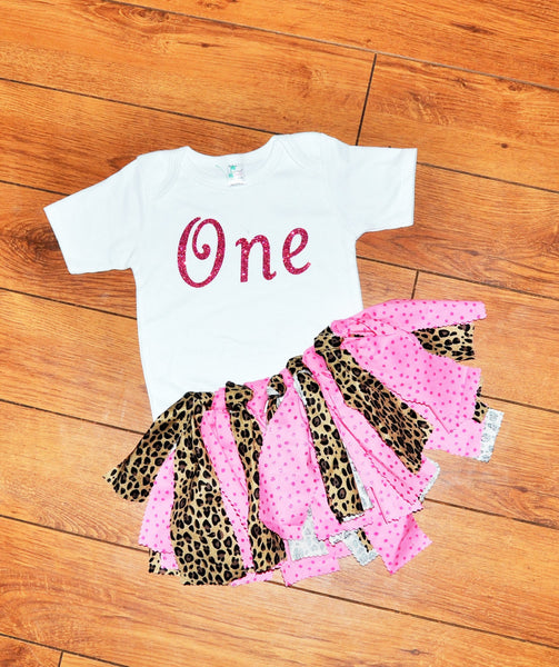 leopard birthday outfit, glitter one cake smash, cheetah and hot pink rag tutu, glitter birthday shirt,vintage cake smash