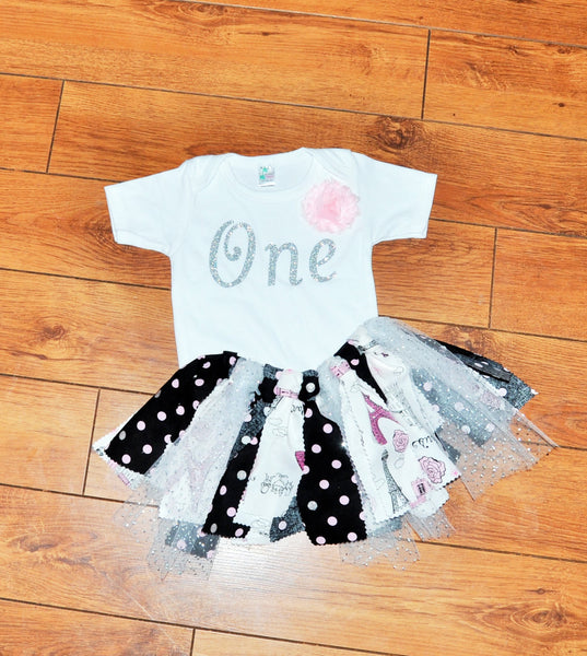 paris cake smash tutu, glitter one cake smash, paris rag tutu,glitter birthday shirt,vintage cake smash, pink and black rag tutu