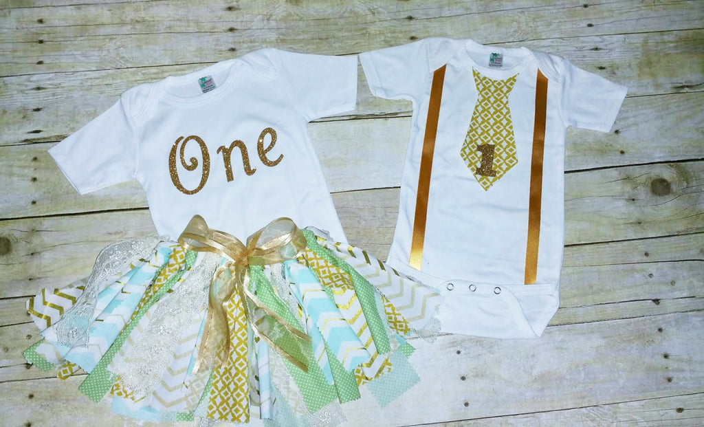 Twin boy and 2025 girl first birthday outfits