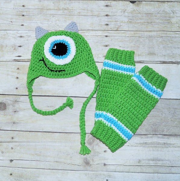 Monsters Inc crochet hat and leg warmers, Mike Wizowski hat and leg warmers, sulley hat and leg warmers, twin monsters inc set