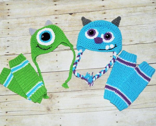 Monsters Inc crochet hat and leg warmers, Mike Wizowski hat and leg warmers, sulley hat and leg warmers, twin monsters inc set