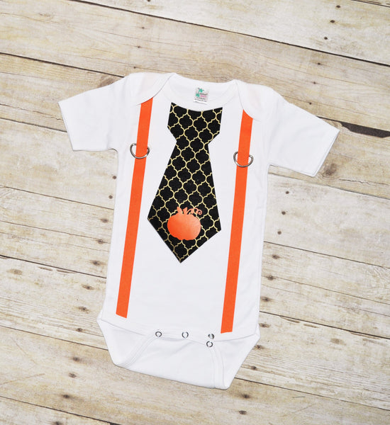 Baby/Toddler Thanksgiving bodysuit with suspenders and tie, Halloween baby bodysuit, baby shirt, tie with pumpkin, black and orange, pumpkin