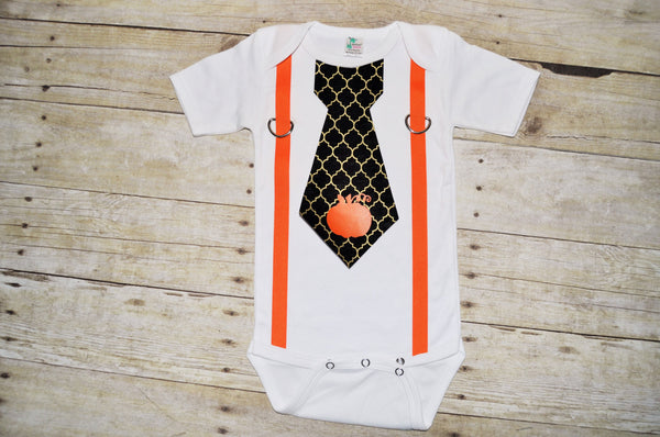 Baby/Toddler Thanksgiving bodysuit with suspenders and tie, Halloween baby bodysuit, baby shirt, tie with pumpkin, black and orange, pumpkin