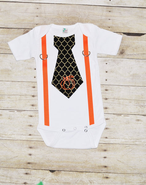 Baby/Toddler Halloween bodysuit with suspenders and tie, thanksgiving baby bodysuit, baby shirt, tie with pumpkin, black and orange