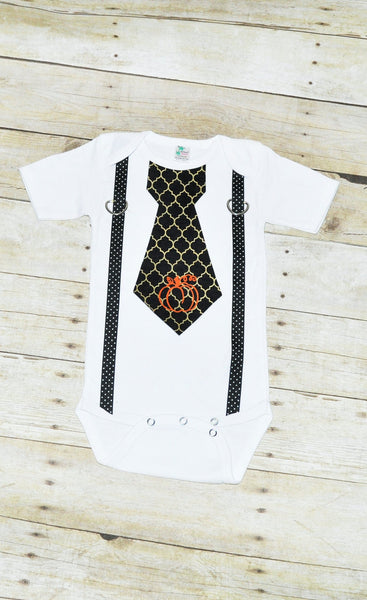 Halloween bodysuit with suspenders and tie, pumpkin applique, Halloween bodysuit, halloween outfit,  black and gold tie, first halloween