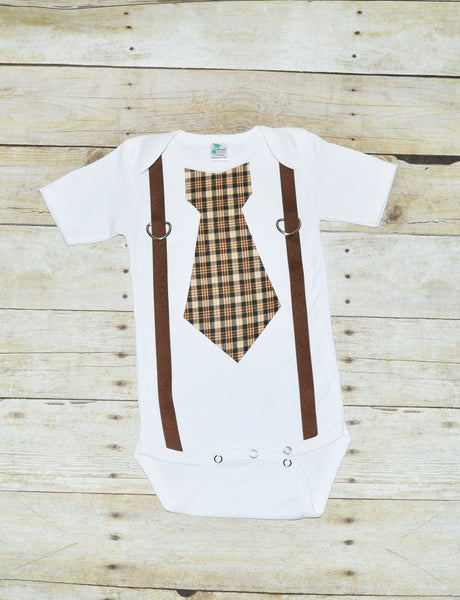 Baby bodysuit with suspenders and tie,  brown plaid, brown suspender, autum outfit, thanksgiving shirt, fall outfit, cake smash, lumberjack