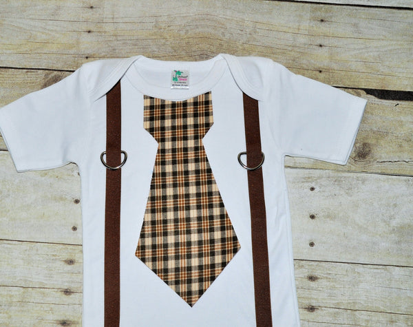 Baby bodysuit with suspenders and tie,  brown plaid, brown suspender, autum outfit, thanksgiving shirt, fall outfit, cake smash, lumberjack