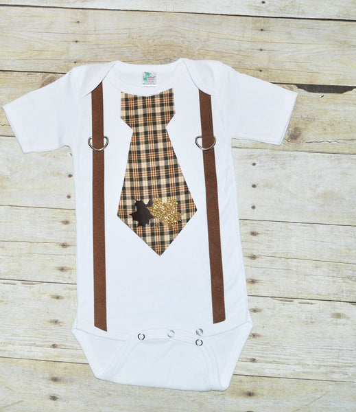 Baby bodysuit with suspenders and tie,  brown plaid, brown suspender, leaf applique, thanksgiving shirt, fall outfit, cake smash, lumberjack