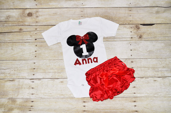 Minnie mouse Cake smash, red ruffled diaper cover, girl first birthday outfit, name customization, birthday, minnie shirt, minnie mouse