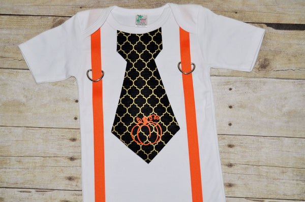 Baby/Toddler Halloween bodysuit with suspenders and tie, thanksgiving baby bodysuit, baby shirt, tie with pumpkin, black and orange