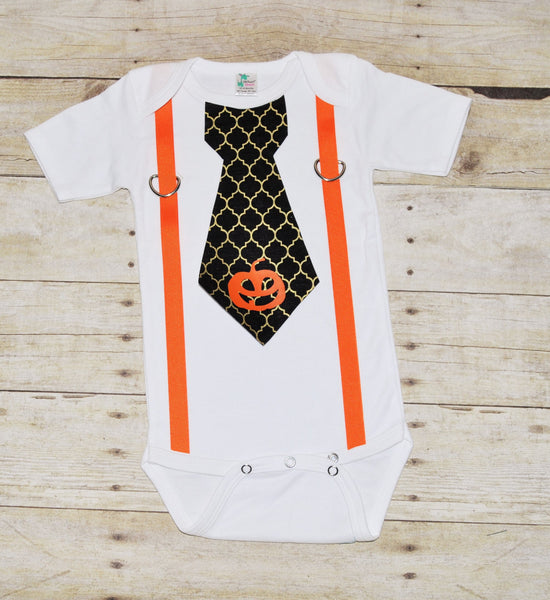 Baby/Toddler Halloween bodysuit with suspenders and tie, thanksgiving baby bodysuit, baby shirt, tie with pumpkin, black and orange