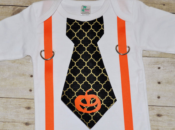 Baby/Toddler Halloween bodysuit with suspenders and tie, thanksgiving baby bodysuit, baby shirt, tie with pumpkin, black and orange