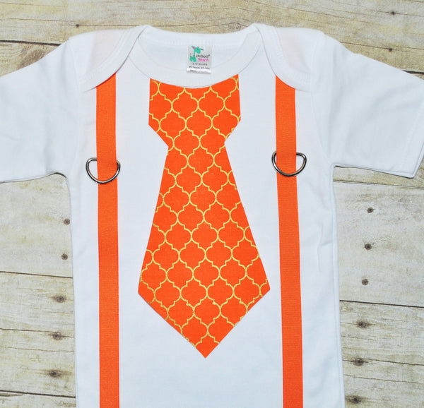 Baby/Toddler Halloween bodysuit with suspenders and tie, Gold and orange tie, fall bodysuit, autum outfit, thanksgiving outfit