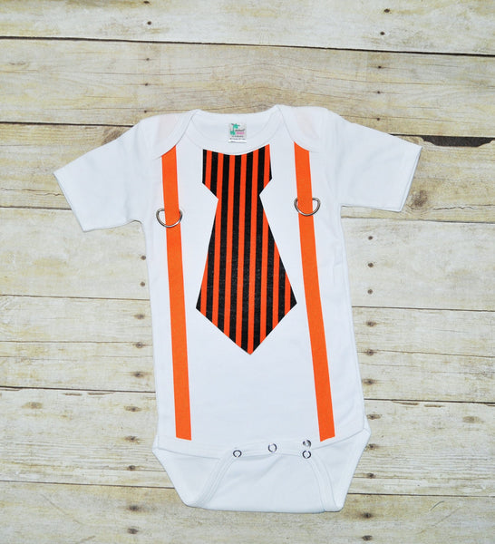 Baby/Toddler Halloween bodysuit with suspenders and tie Halloween bodysuit, halloween outfit, thanksgiving outfit, orange and black stripes