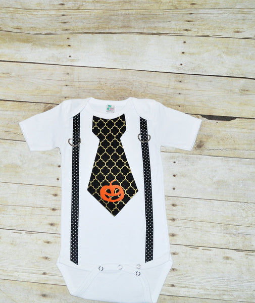 Halloween bodysuit with suspenders and tie, pumpkin applique applique, Halloween bodysuit, halloween outfit,  black and gold tie